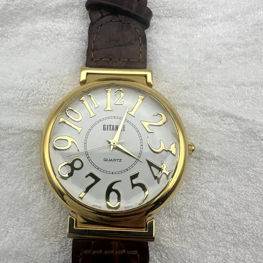 Gitano Quartz Gold Tone Watch White Dial Braided Brown Leather Strap
